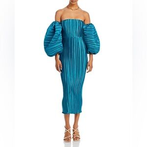 L'Idée Sirene Plissé Puff-Sleeve Dress Teal Size US 2 (AU 6)